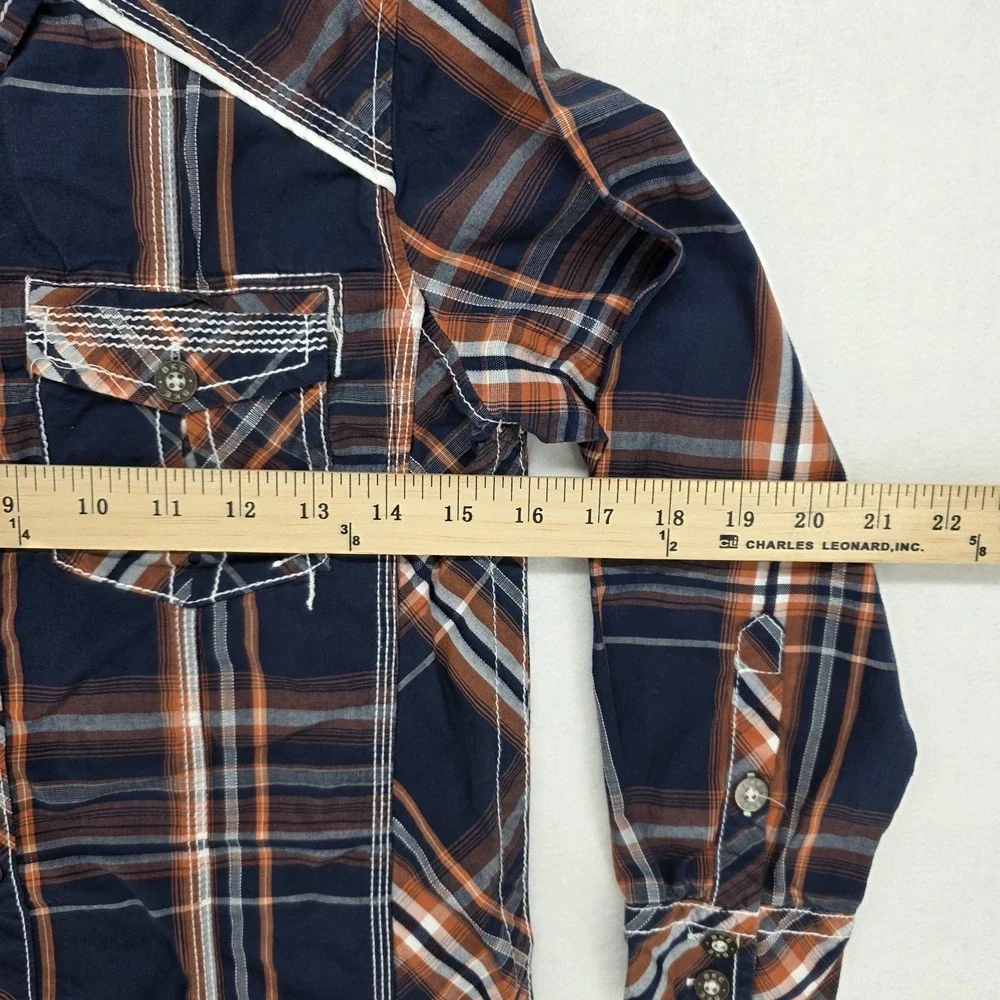 BKE Boys Blue Orange Plaid Flannel Shirt Youth Small Athletic Fit Western Y11309